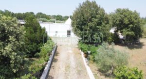 De toegangsweg naar de boerderij die in Puglia te koop is